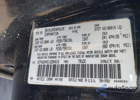 2001 Dodge Dakota Quad из США, поврежденный, VIN 1B7HG2AX51S284916